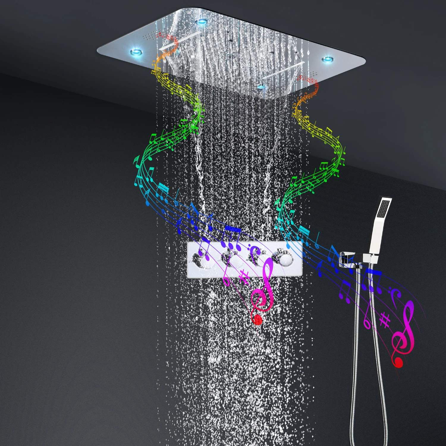 hm Modern Bluetooth Music LED Shower Set Ceiling Waterfall Ranfall Shower Head Panel 580×380MM Bath Thermostatic Diverter Faucet