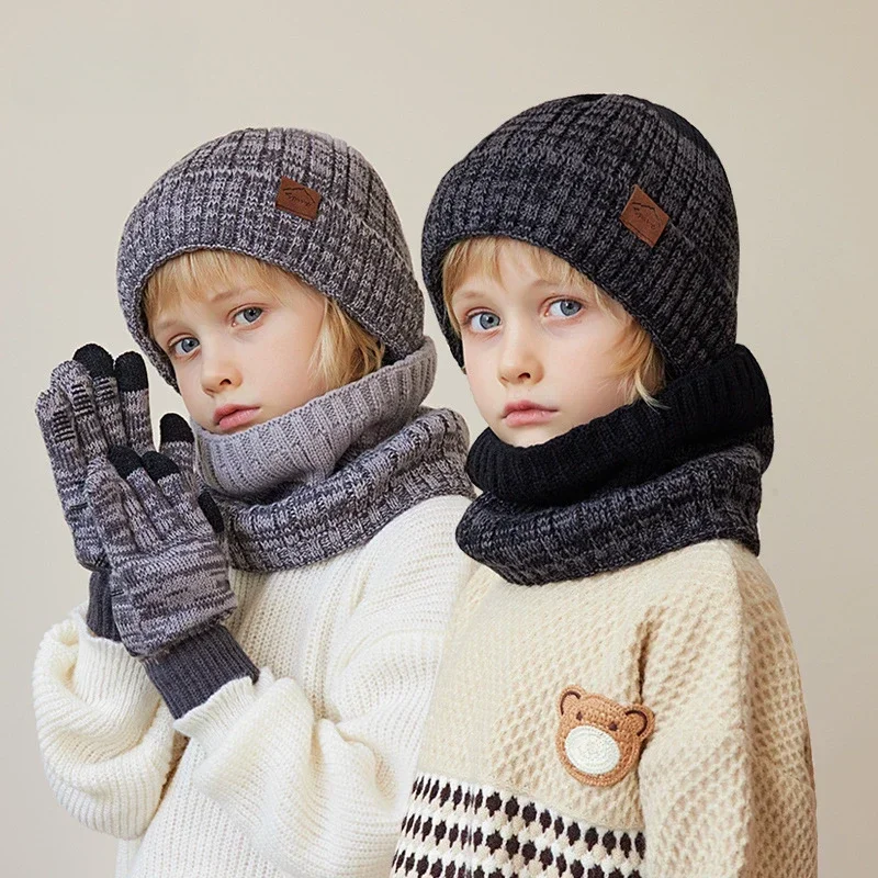 2/3Pcs Kids Winter Hat Scarf Gloves Set Warm Children Beanie Hats Neck Warmer Non Slip Gloves Child Boys Cap Kids Gift 4-10Y