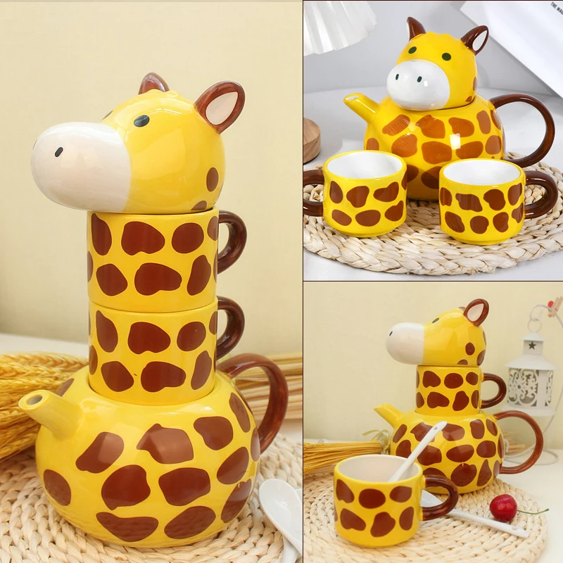 

3pcs Giraffe Ceramic Mug Set 2 Cups plus 1Teapot,Couple Cups Breakfast Milk Coffee Mug Cartoon Animal Mug Kids and Couple Gift