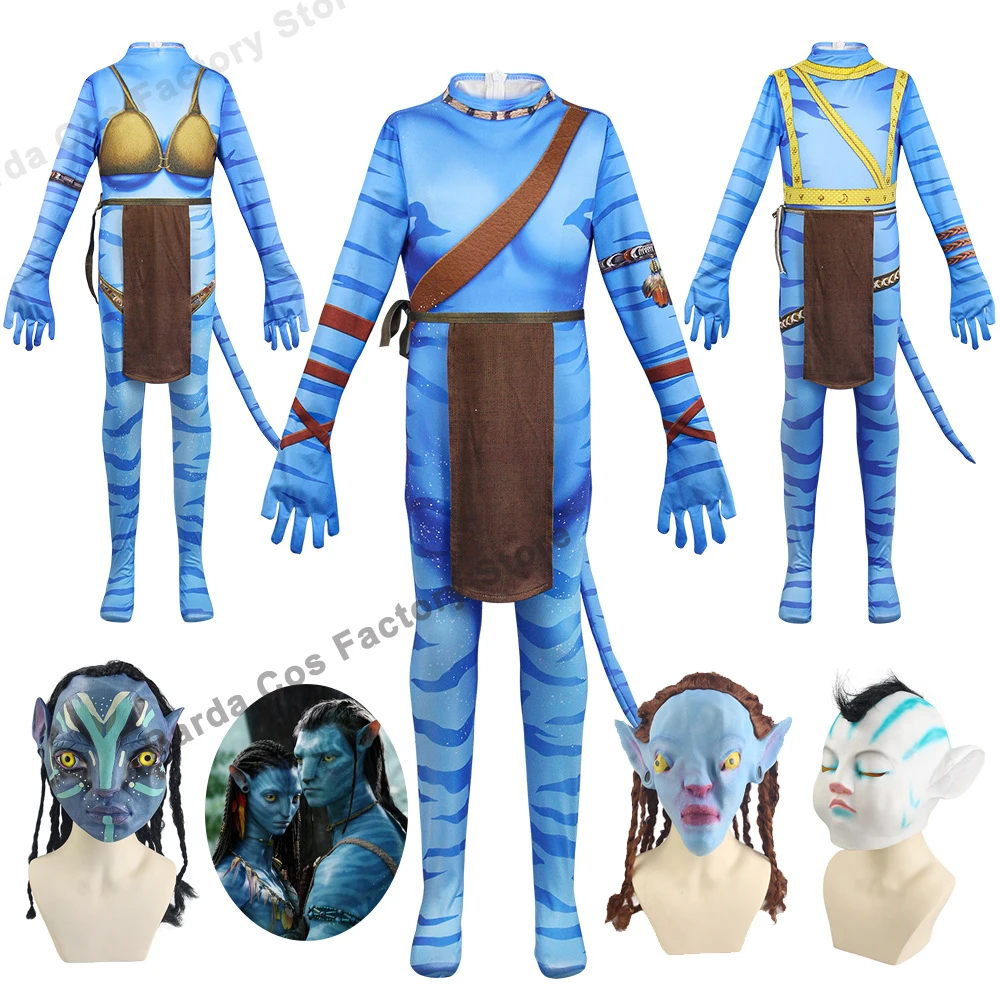 Avatar 2 Costumi Cosplay Movie La via dell'acqua Jake Sully Neytiri Neteyam 3D Zentai Tuta Maschera Donna Uomo Costume di Halloween Adulto Bambini Catsuit Set bambino bambina Tute a maniche lunghe Casco in lattice