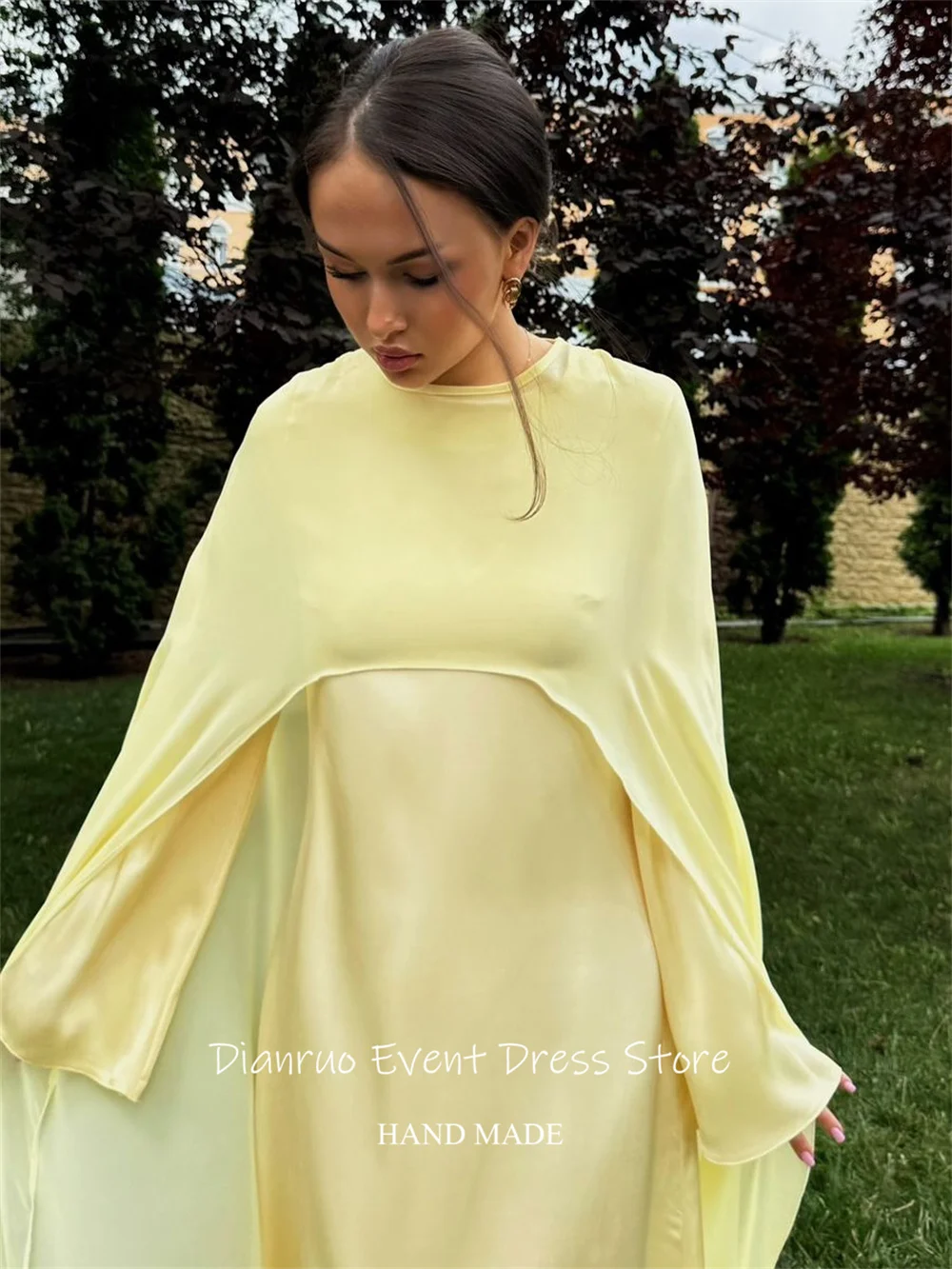 Dianruo 버터 옐로우 케이프 슬리브 이브닝 드레스 drapd 라운드 넥 파티 가운 우아한 쉬폰 vestidos formales 맞춤형