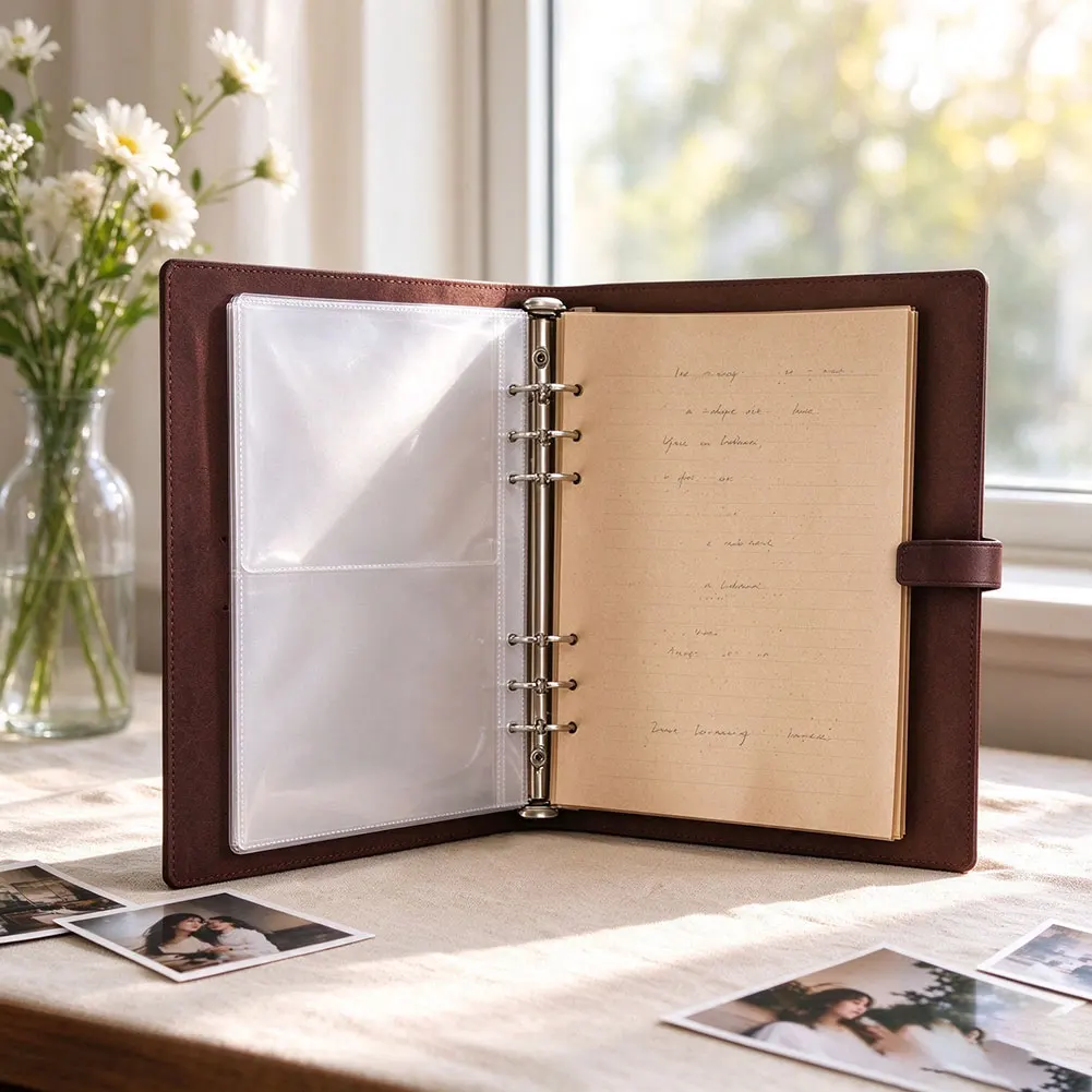 4x6in Photo Album Large Capacity Vintage Style, Refillable Scrapbook Journal With PVC Pages= & Writing Paper, Gift= For Family