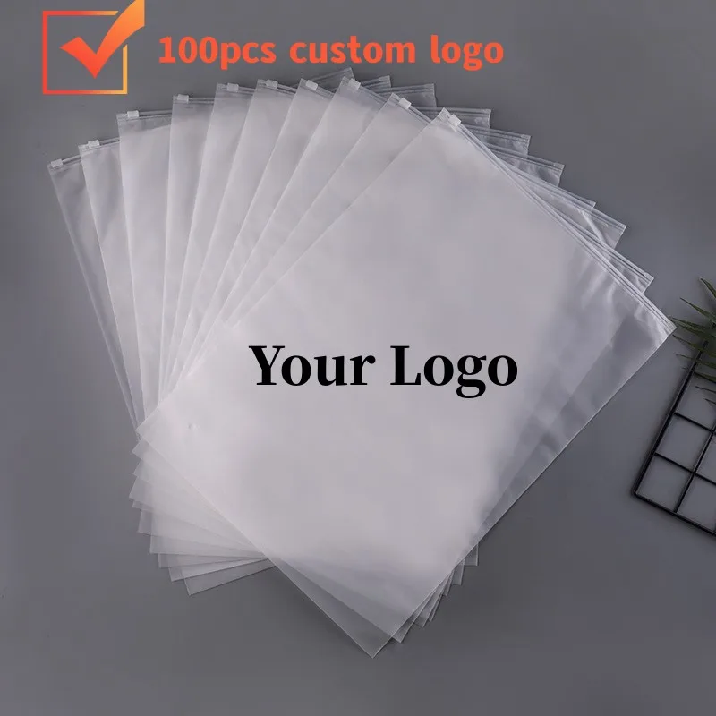 100pcs Custom Logo Ziplock Storage Pouches Travel Clothing Packaging Zipper Bags Clear Frosted Seal Bag Printed