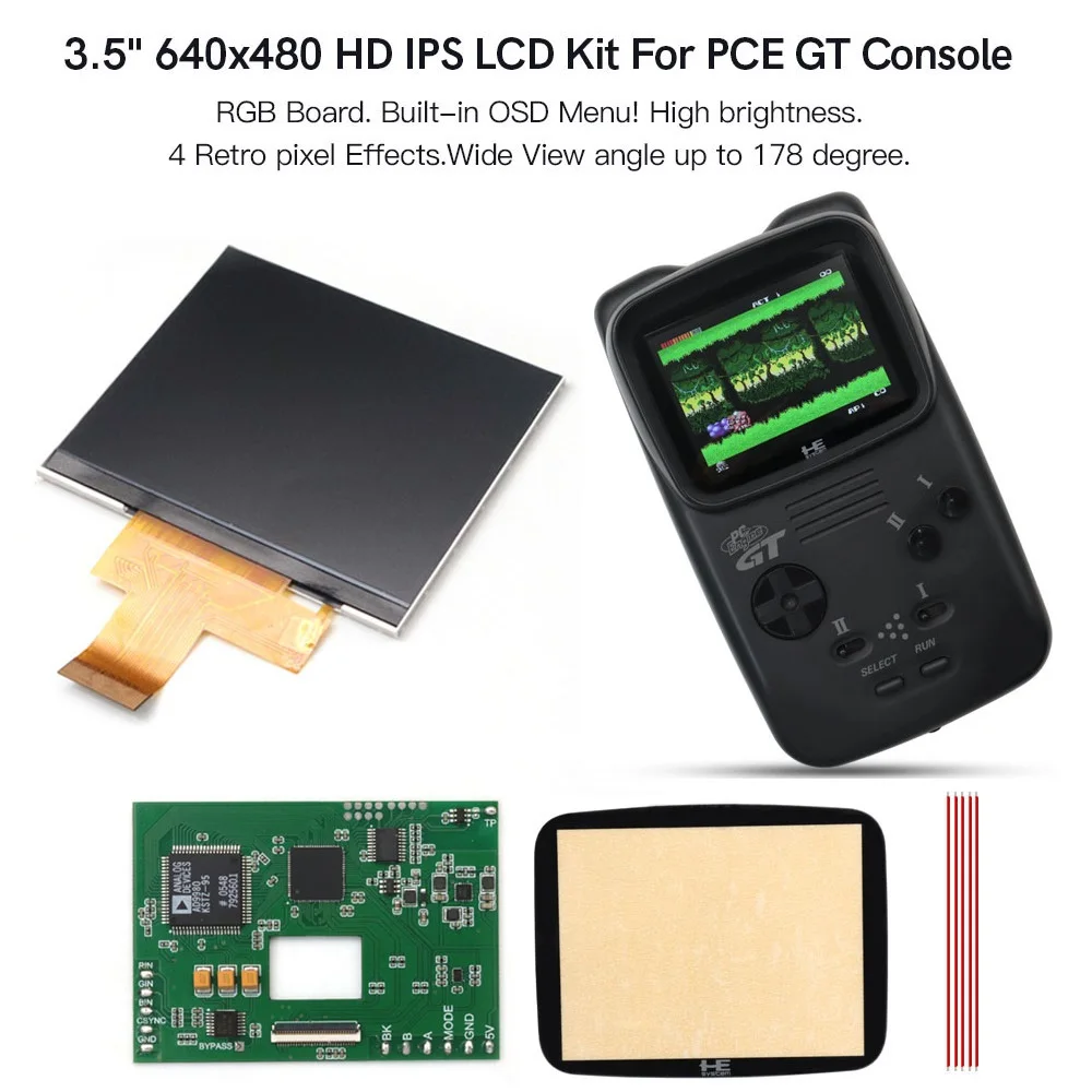 3.5" Hight Light For PCE GT 640x480 HD IPS LCD RGB Board With OSD Menu RGBS Board For PC Engine GT Console