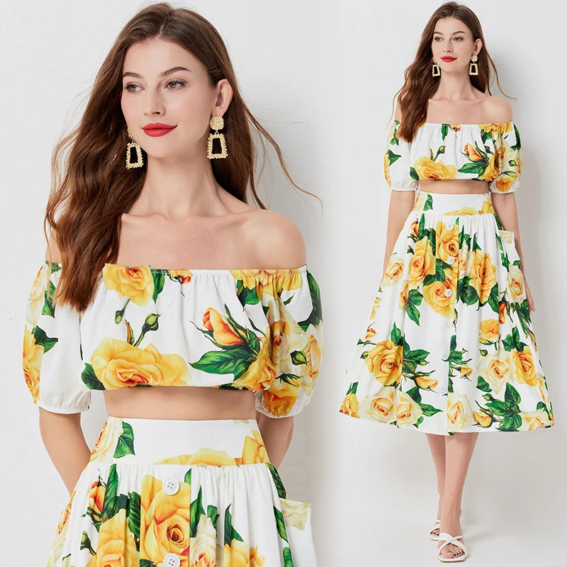 Rose Flower Two Piece Set Women Summer Print Crop Tops + A Line Pleated Long Maxi Skirts Suits Beach Wear