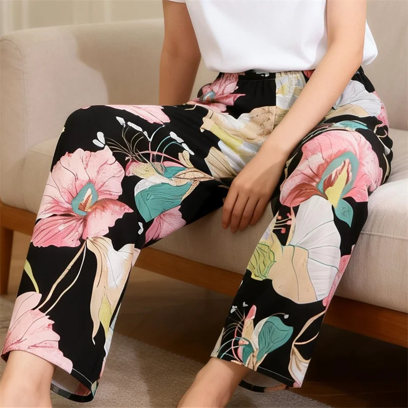 plus Size Cotton Silk Sleepwear for Middle-Aged And Elderly Women Loose Comfortable Long Pants Home Leisure Thin Summer Pyjamas
