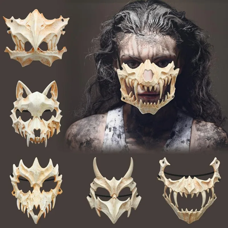 Animal Skeleton Half Mask Women Men Party Stage Show Mask Halloween Carnival Adult Cosplay White Black Wolf Tiger Skeleton Mask