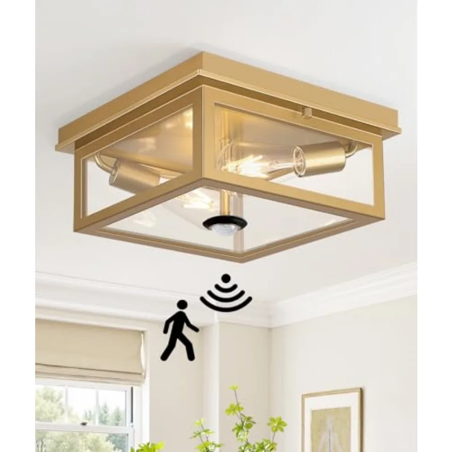 Motion Sensor Outdoor Ceiling Light with Remote, 12.2 Inch Flush Mount Porch Light Fixture with United Glass Cover, 5 Modes Out