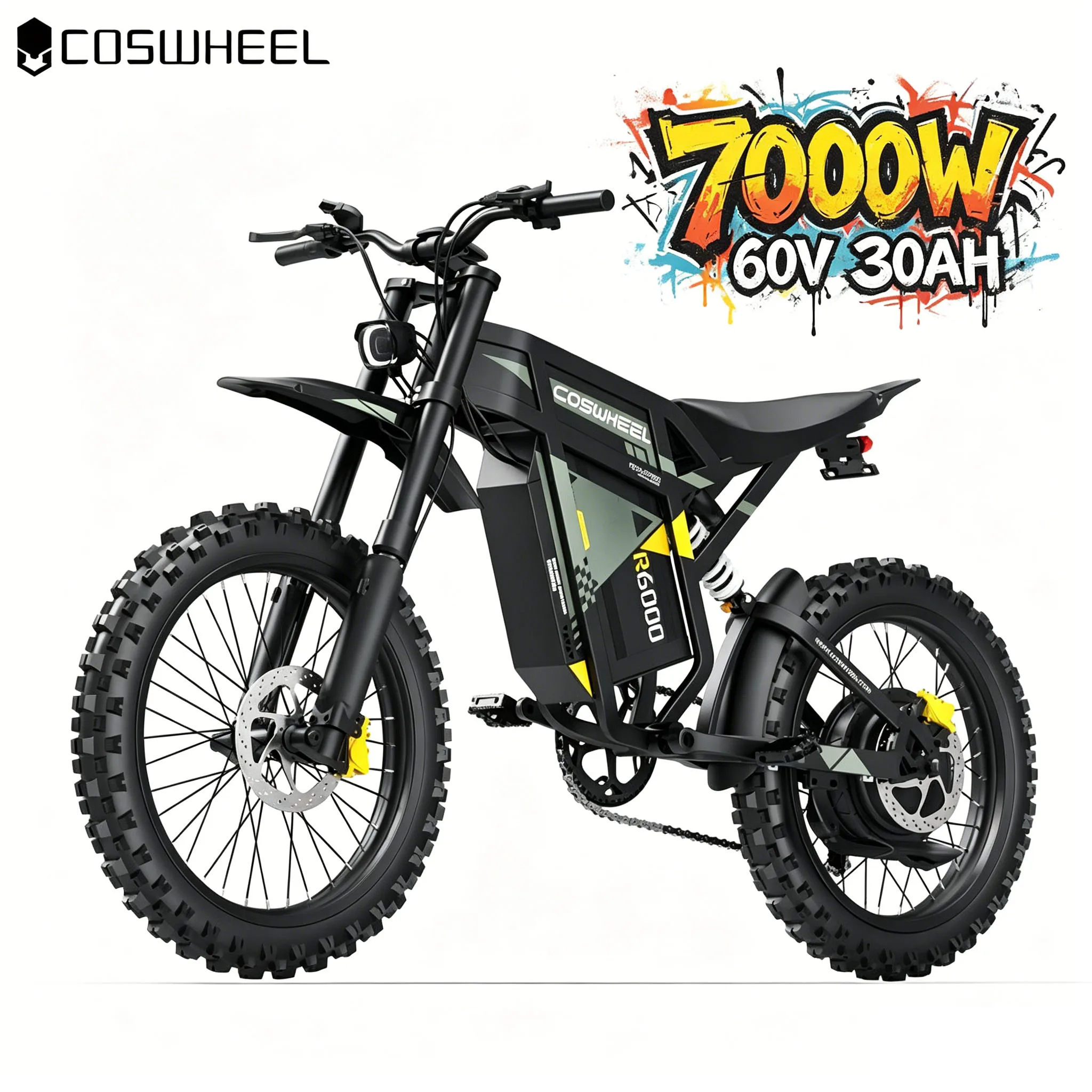 COSWHEEL R6000 Electric Dirt Bike Adult Electric Mountain Bike 7000W Motor 60V 30AH Ebike Off-Road Dual Suspension Electric Bicycle