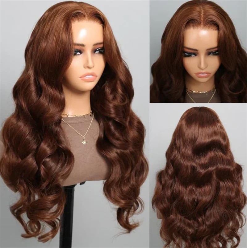 

Long 180%DensityBody Wave 26Inch Brown Soft Glueless Lace Front Wig For Women With Baby Hair Synthetic Preplucked Daily Fashion