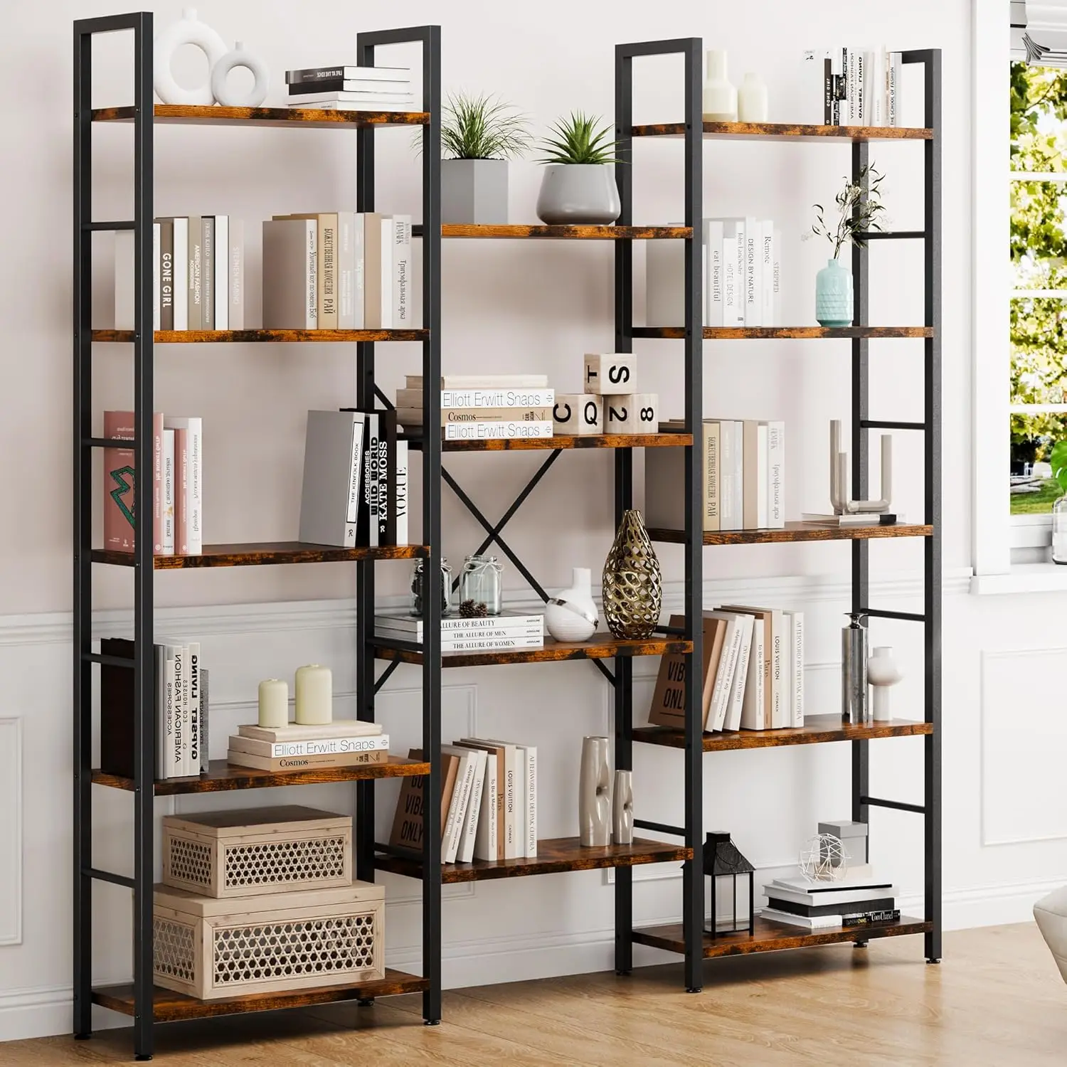 

Triple Column 5 Tier Bookshelf, Industrial Large Bookcase with 14 Open Display Shelves, Large Etagere Bookshelf