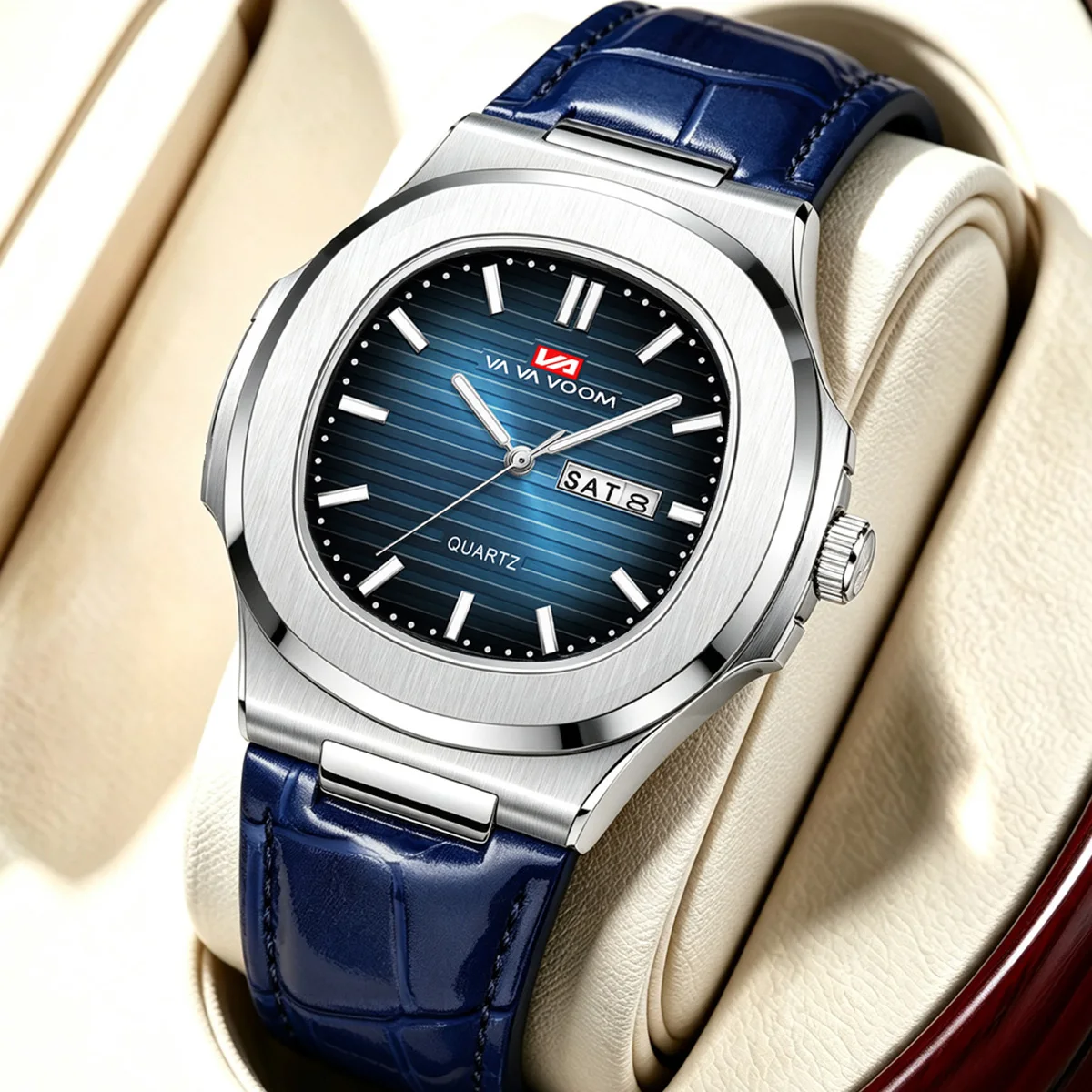 Black Leather Mens Watch Classic Oval Silver Case 40mm Dual Calendar Quartz Movement 3Bar Waterproof Casual Sports Watch for Men