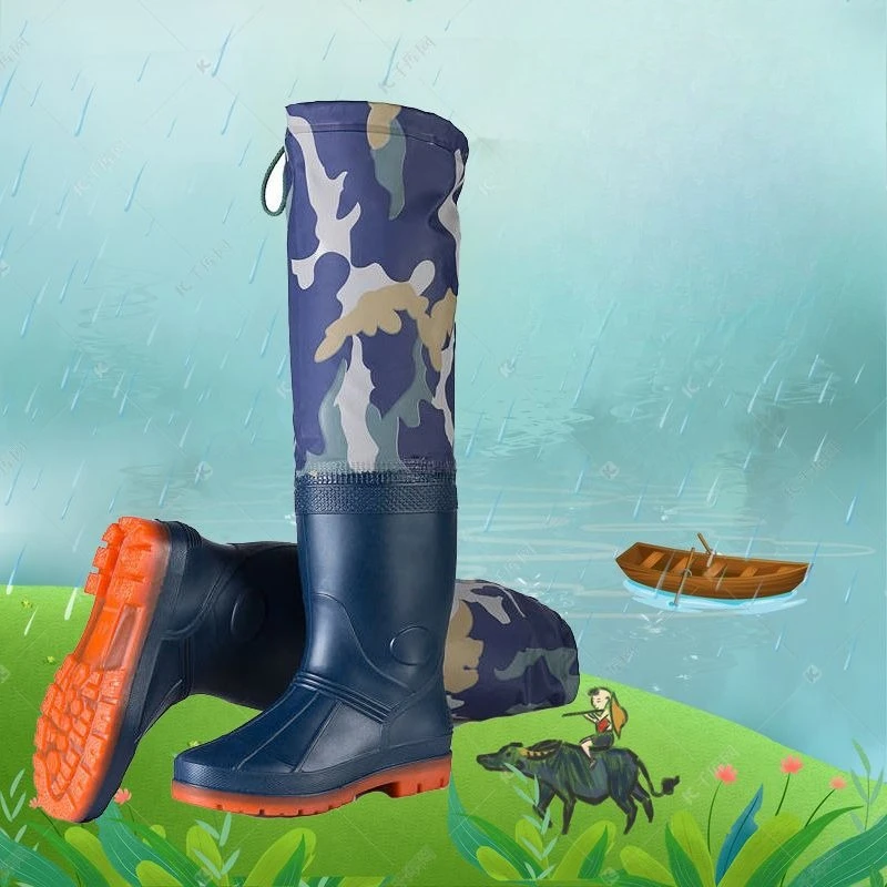 Authentic Men's Camouflage High-Cut Rain Boots Over-Knee Cotton-Lined Waterproof Fishing Shoes Plus Size Fleece
