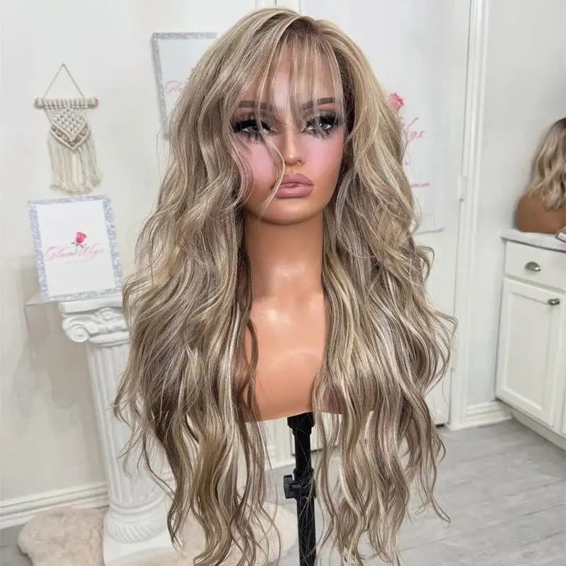 Party Cosplay Daily Wig Ombre Ash Blonde Wig with Bangs Middle Part Natural Looking Synthetic Heat Resistant Fiber Wigs 26 Inch
