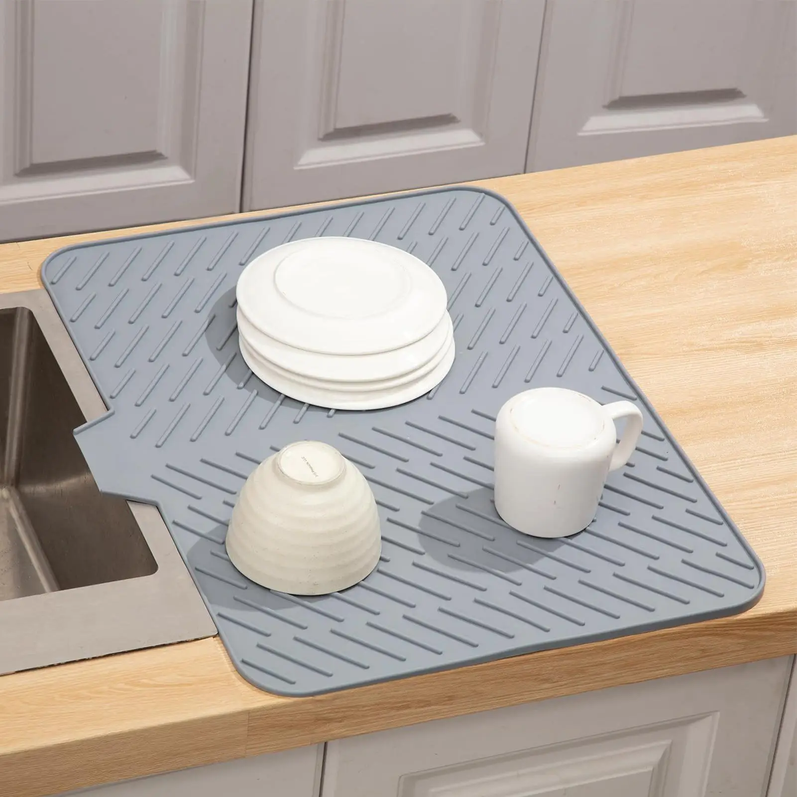 Silicone Dish Mat With Drain Sink Mat Counter Dish Drainer Anti-Spill Hygienic Quick Dry Drain Dishwashing Pad For Cooking