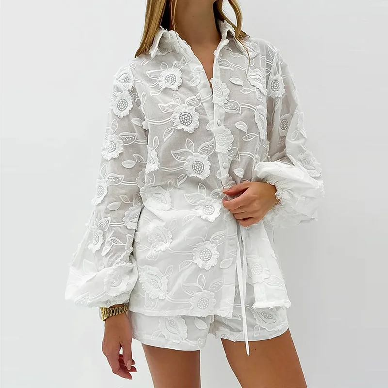 

Lace Embroidered Lantern Sleeves Women's Two Piece Casual Lapel Button Up Shirt and Shorts Suit White Tie Up Loose Beach Outfit