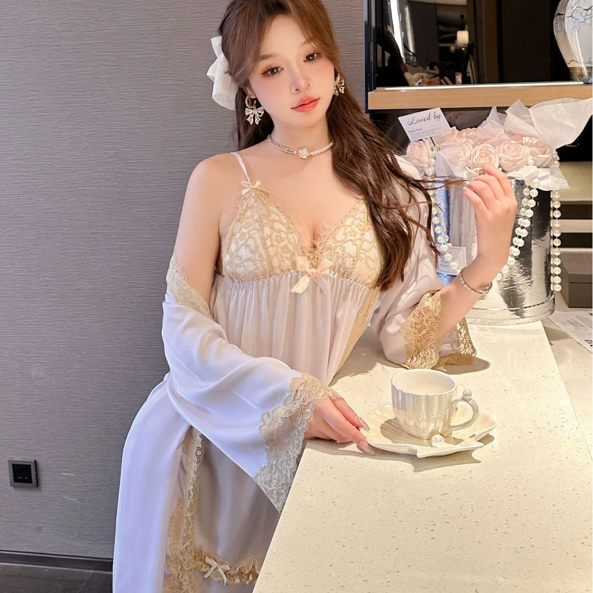 Sexy Robe Set Lace Female 2PCS Bathrobe&Suspender Nightdress V-Neck Kimono Gown Sleepwear Suit Women Home Wear