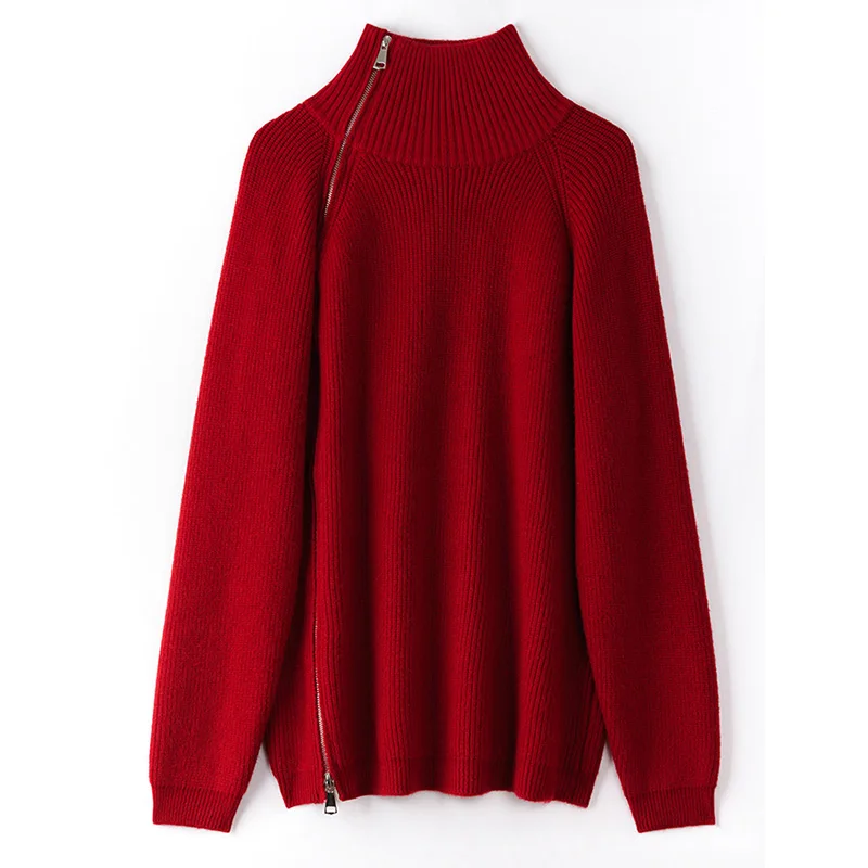 Nuevo Mujeres Otoño Invierno Suéter Rojo Moda cremallera de cuello alto de manga raglán holgada de punto jersey Casual Patchwork Suéter