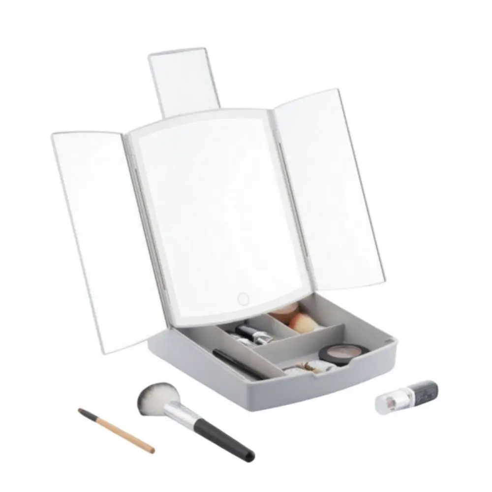 Tri-Fold Foldable Light-up Mirror with Storage Tray - 4 Compartments - 5X Magnifying - Perfect for Travel and Storage