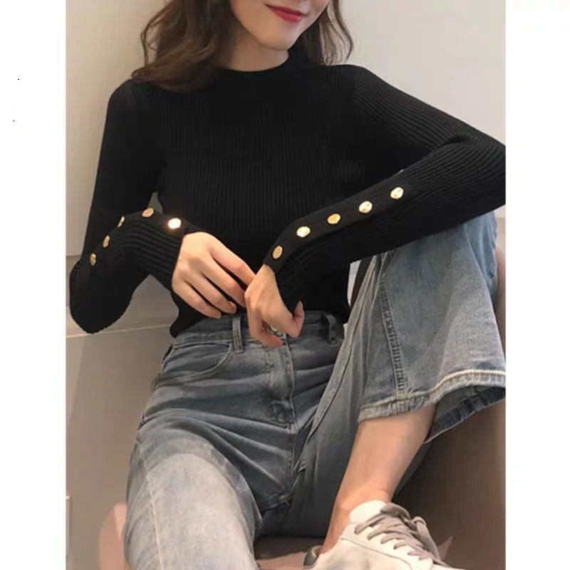 

Ribbed Knit Gold Button Top for Women Long Sleeve Mock Neck Sweater Pullover Plain Jumper Fall Winter Basic Knitwear Outfit