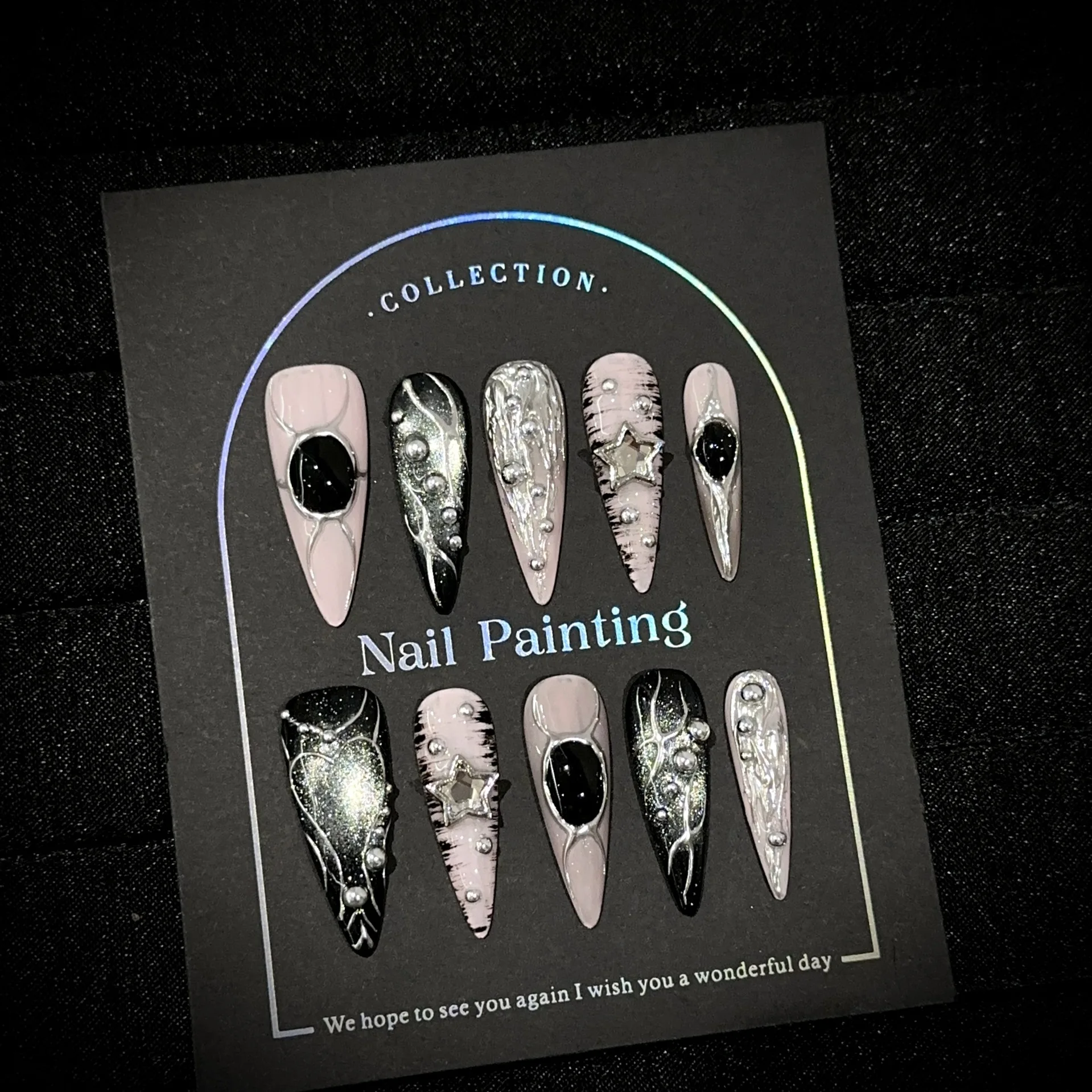 10pcs Drawn Silver Vines Handamde Press on Nails 3D Star Black Gem Pearl False Nail Gothic Long Stiletto Fake Nail for Women