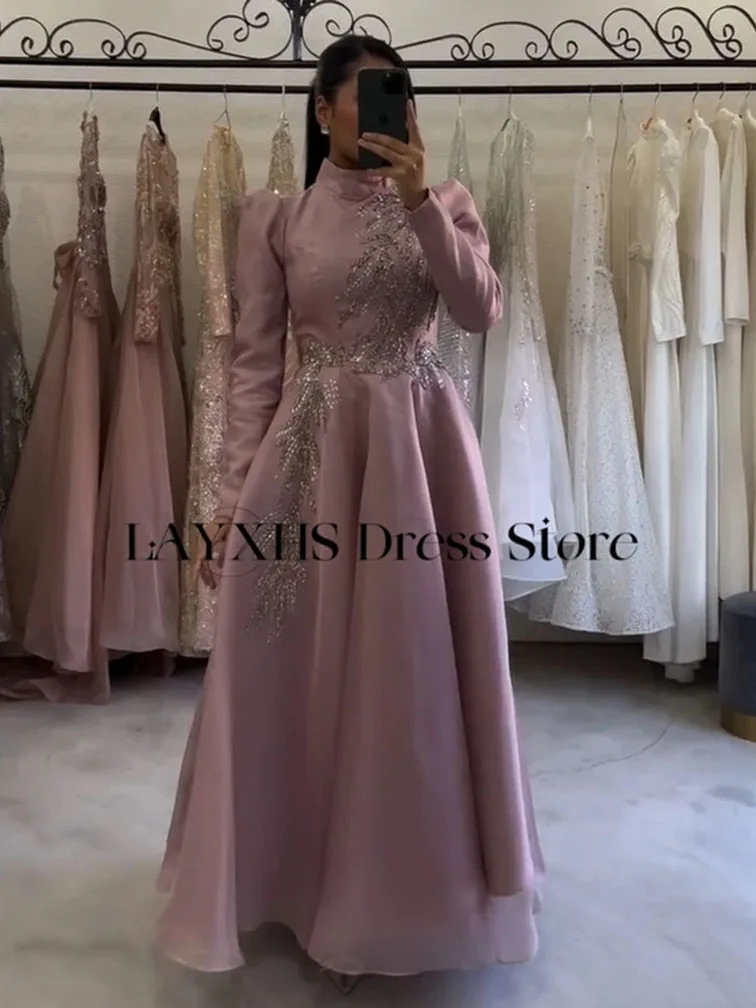 

LAYXHS Роскошные вечерние платья с высоким воротом Розовые платья трапециевидной формы с длинными рукавами и блестками для выпускного вечера по индивидуальному заказу فستان سهرة نسائي