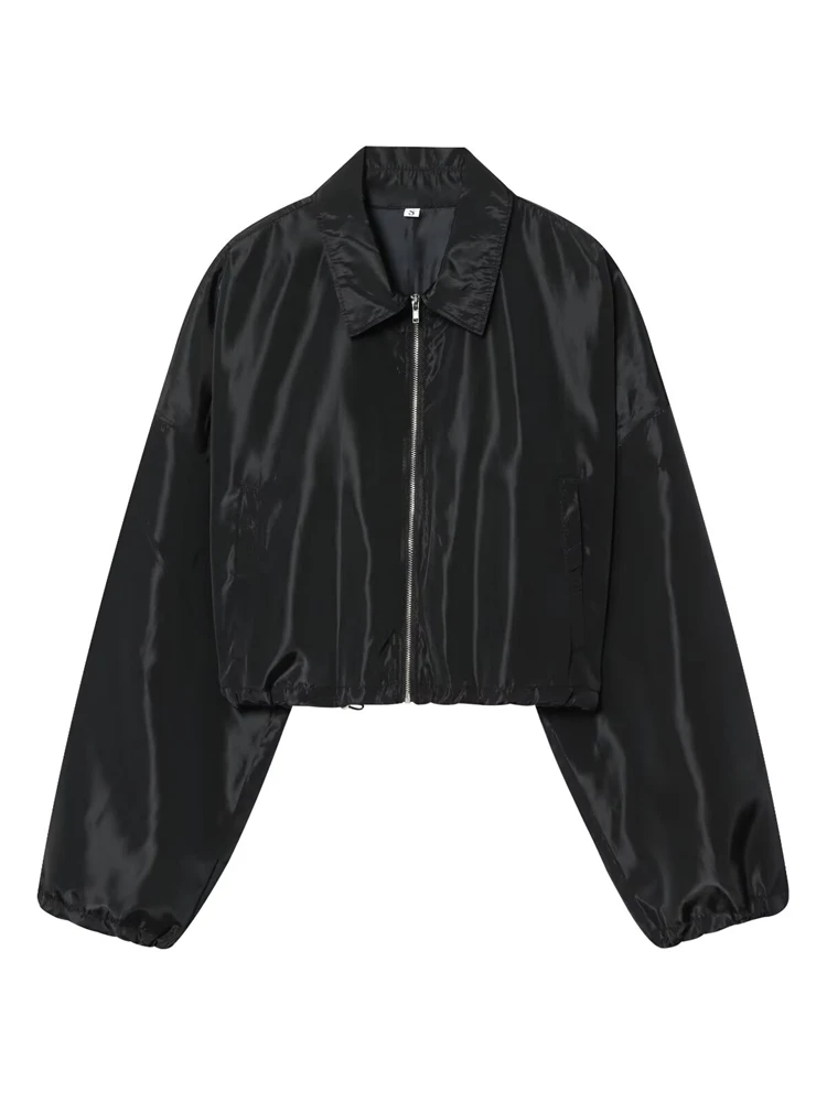 

KEYANKETIAN Spring New Women's Clothing Lapel Long Sleeved Hem Drawstring Placket Zipper Loose Black Short Jacket Women Coat