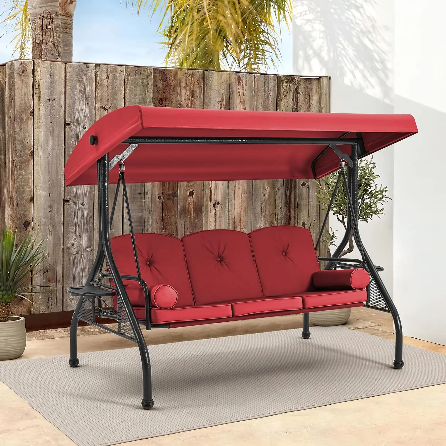 3-Seat Porch Swing with Adjustable Canopy and Stand, Convertible Patio Swing Bed, Thick Cushions, Pillows, Cup Holders, Wine Red