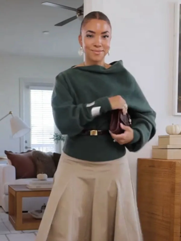 

HH Women Winter Fashion Versatile Troop Bracelet Sweater Female High Street Casual Asymmetrical Neck Long Sleeve Pullover Top