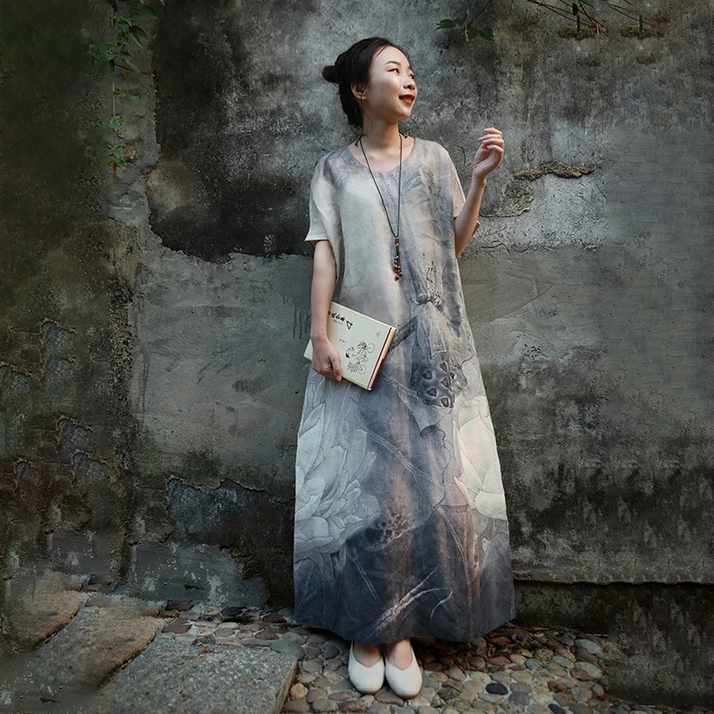 LZJN Cotton and linen dress ramie skirt casual swing skirt retro art national Chinese style long ink painting long dress