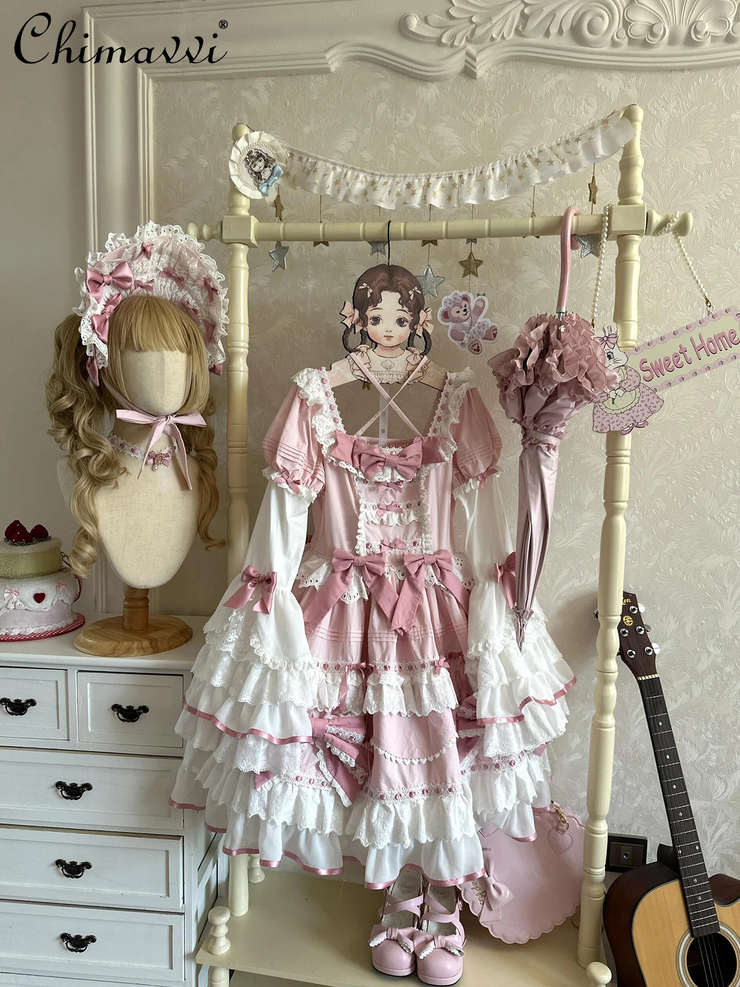 

New Original Sweet Lolita Flare Sleeve Pink OP Dress Girl Women's Cute Bow Slim Short Puffy Birthday Party Princess Dresses