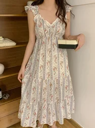 Women Summer Cotton Print Nightdress Lace Sleepwear Ruffles V-Neck Sweet Girls Korean Victorian Princess Nightgowns Homewear