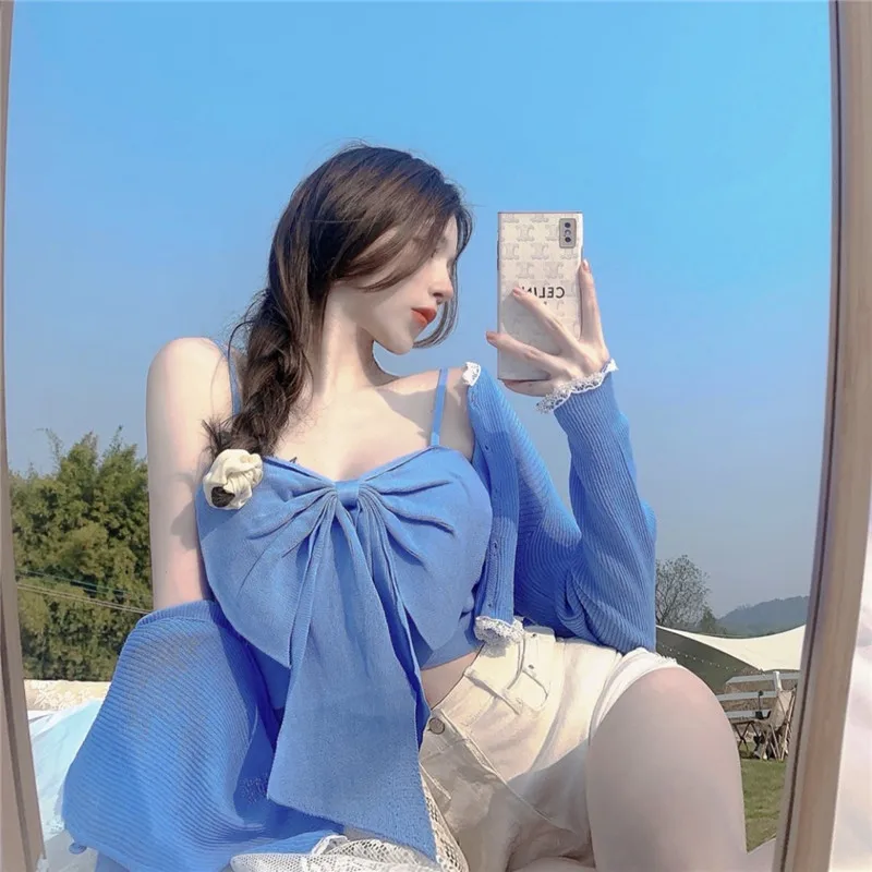 

Женские комплекты из 2 предметов, однотонный укороченный топ, солнцезащитный, Kawaii, милый, милый, сексуальный дизайн, праздничный, нежный, шикарный, в корейском стиле, Ulzzang, повседневные,