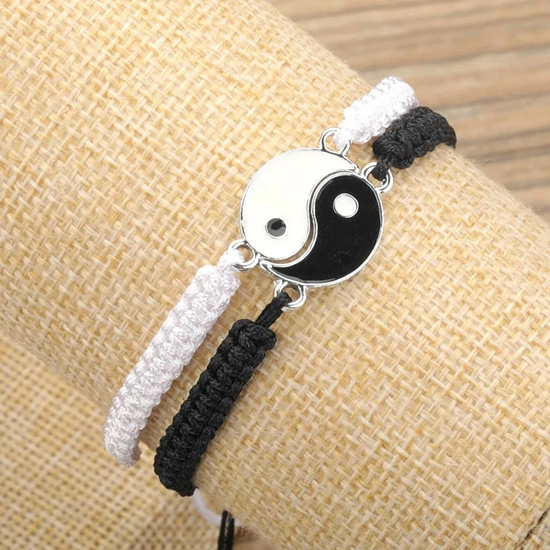 1PCS Simple Tai Chi Bagua Black And White Yin And Yang Rope Braided Telescopic Adjustment Bracelet For Men And Women Coupl