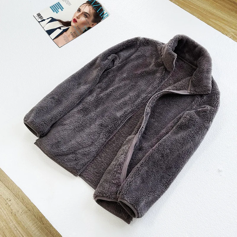 Große ziegelrote Fleece warme Jacke 2024 neuer Herbst/Winter Damen Stehkragen doppelseitiger Korallen vlies bequemer Mantel