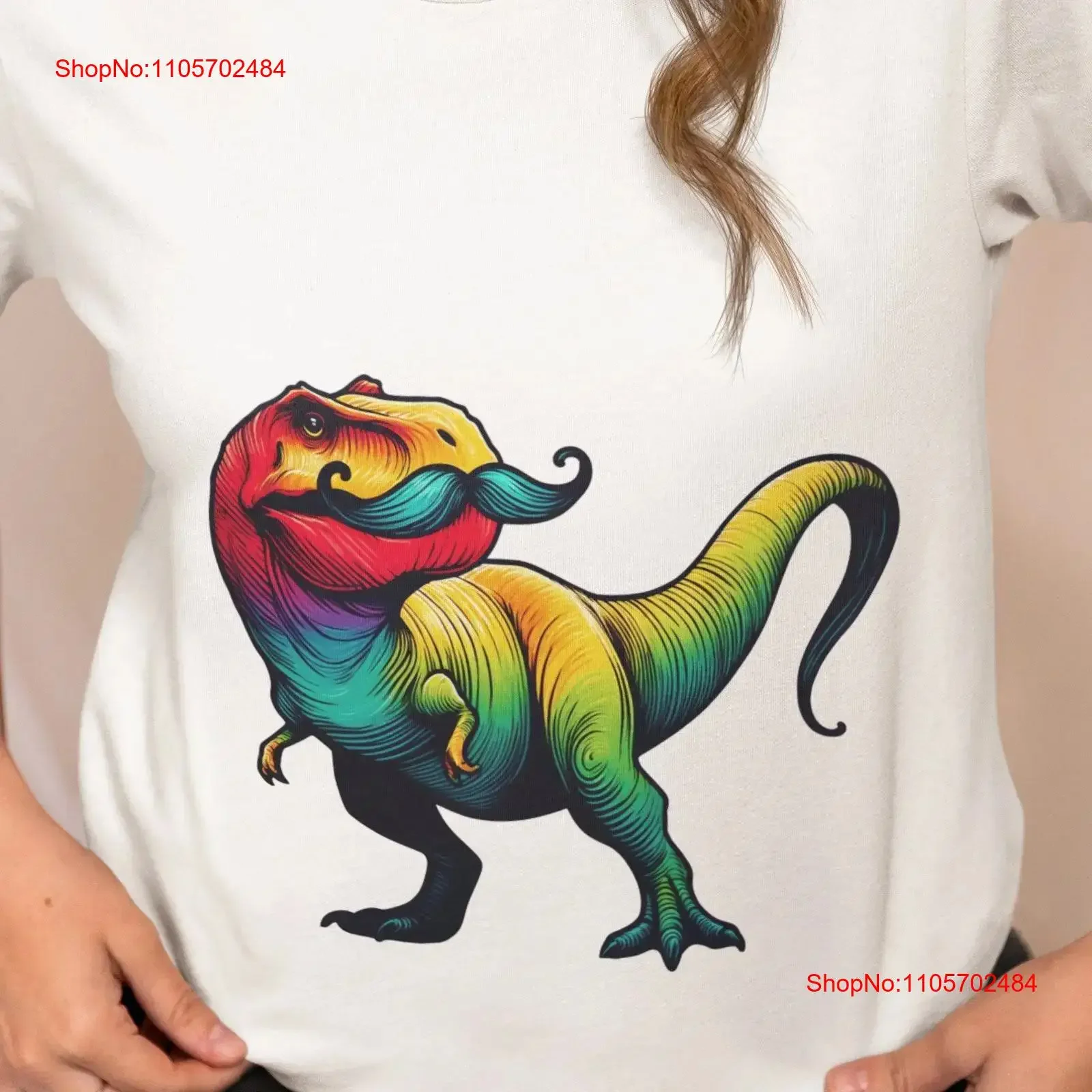 Colorful Rainbow T Rex Dinosaur with Mustache Funny Shirt Cool Retro Top Design for Adults Idea Her Him vintage Washed Stylish