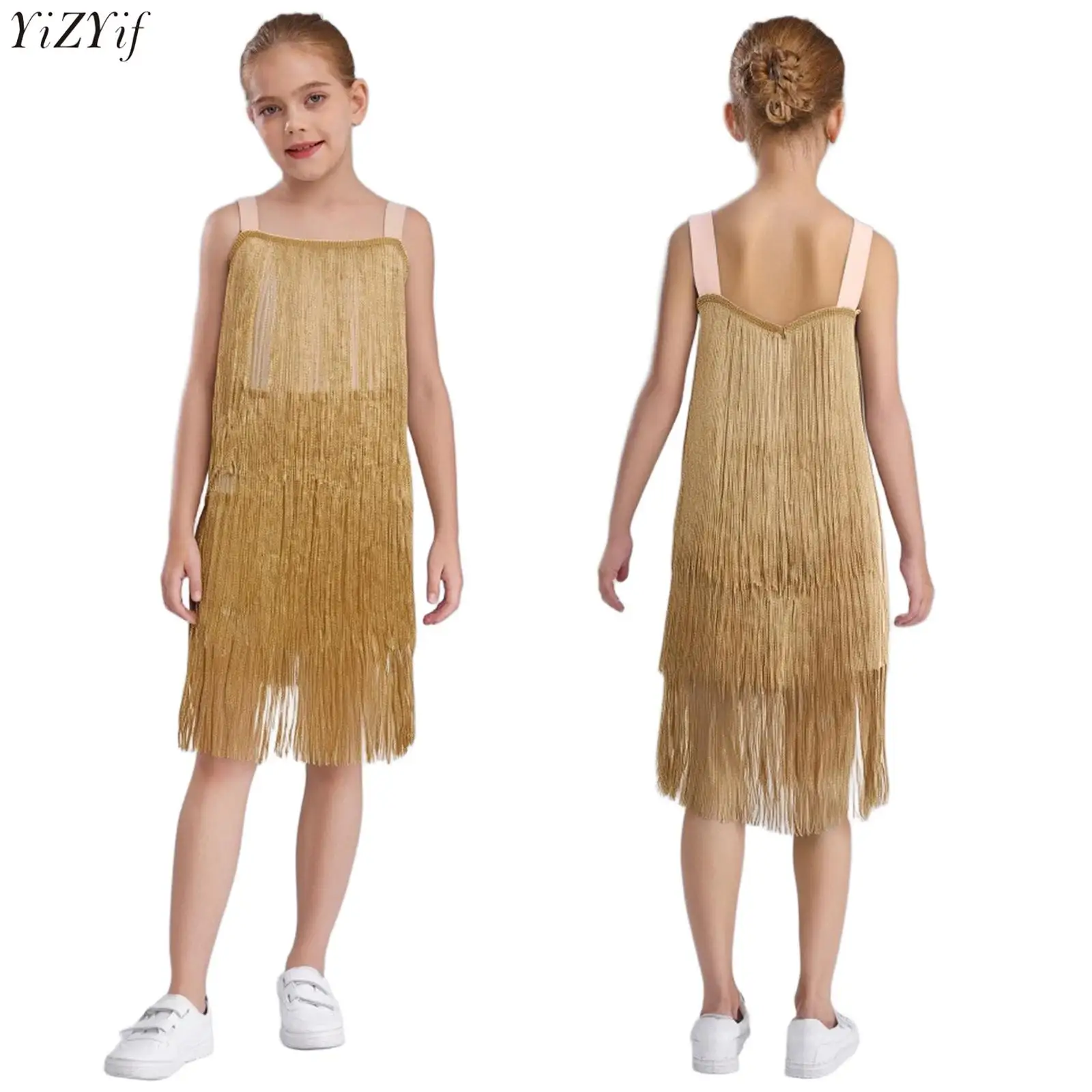 

Kids Girls Tiered Tassel Latin Jazz Dance Dress Shimmering Fringe Sleeveless Wide Shoulder Straps Dresses for Samba Cha-cha