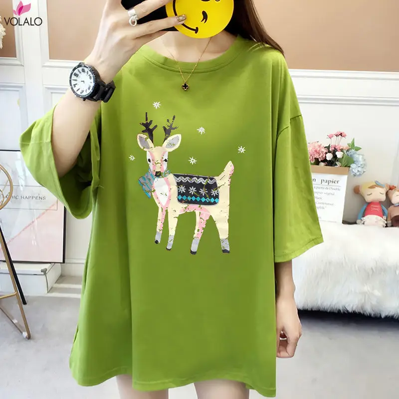 

VOLALO 4XL Tops Women Short Sleeve O-Neck Deer T Shirt Summer 2024 New Casual Loose Ladies Cotton Tee Top Oversized Clothes