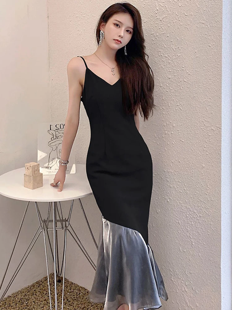 Korean Summer Elegant Women Evening Dress Chic Sexy Strap Slim Midi Dresses Party Gown Vacation Mujer Robe Femme Vestidos Fiesta