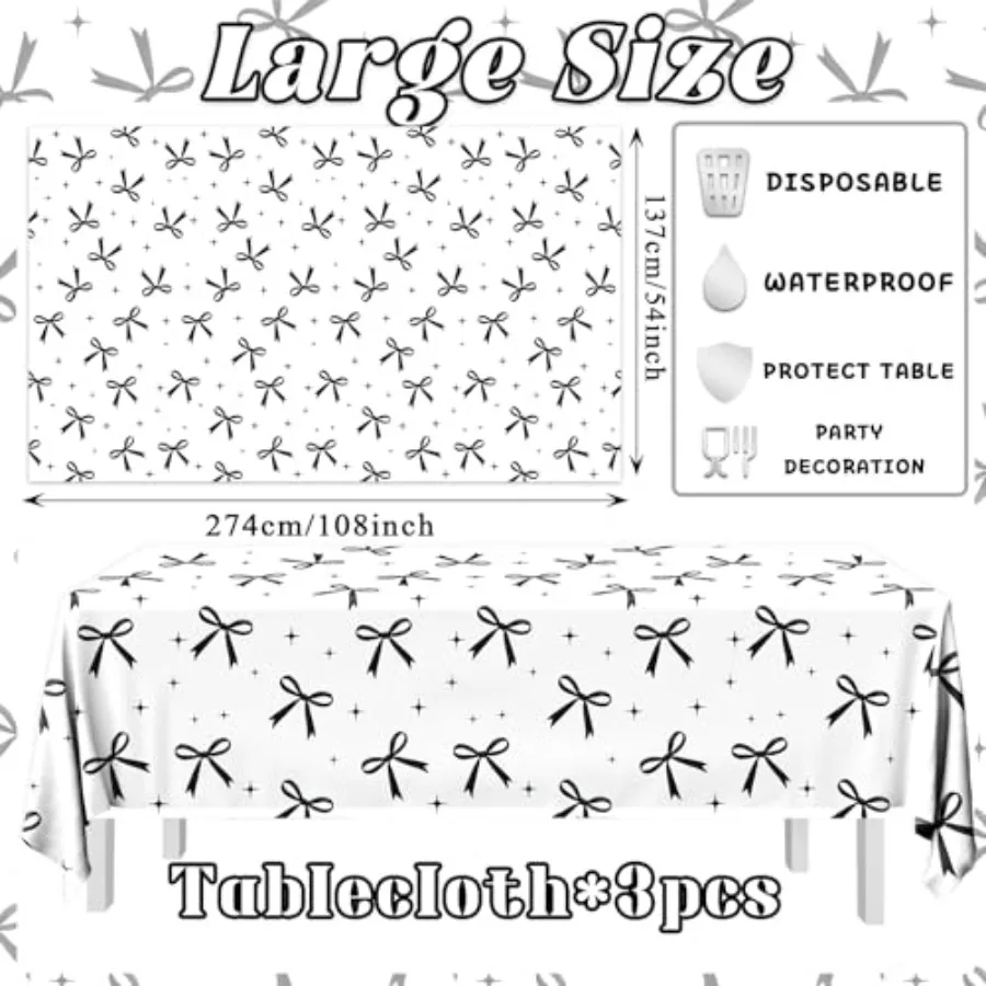 3 Pack Black Bow Tablecloth Coquette White Black Bow Theme Party Decorations Disposable Rectangle Waterproof Table Cover for Wo
