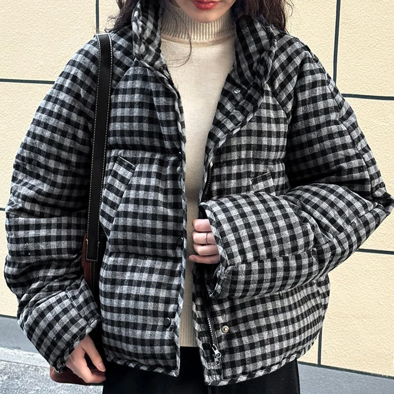 Women\'s Winter Down Jacket 2024 New Outerwears Korean Plaid Trend Jackets for Women Thick Warm Snow Short Female Puffer Coats