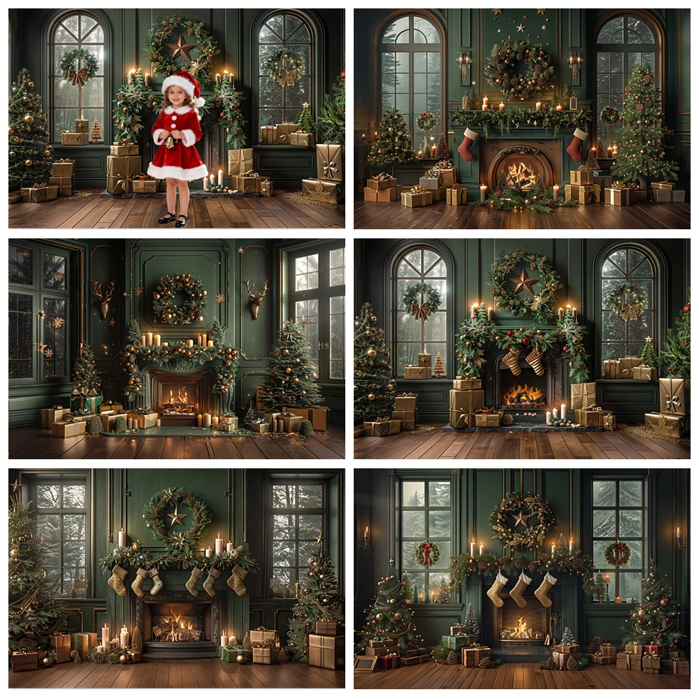 

Christmas Fireplace Photography Backdrop Xmas Tree Socks Gifts Green Window Room Decor Family Holiday Party Portrait Background