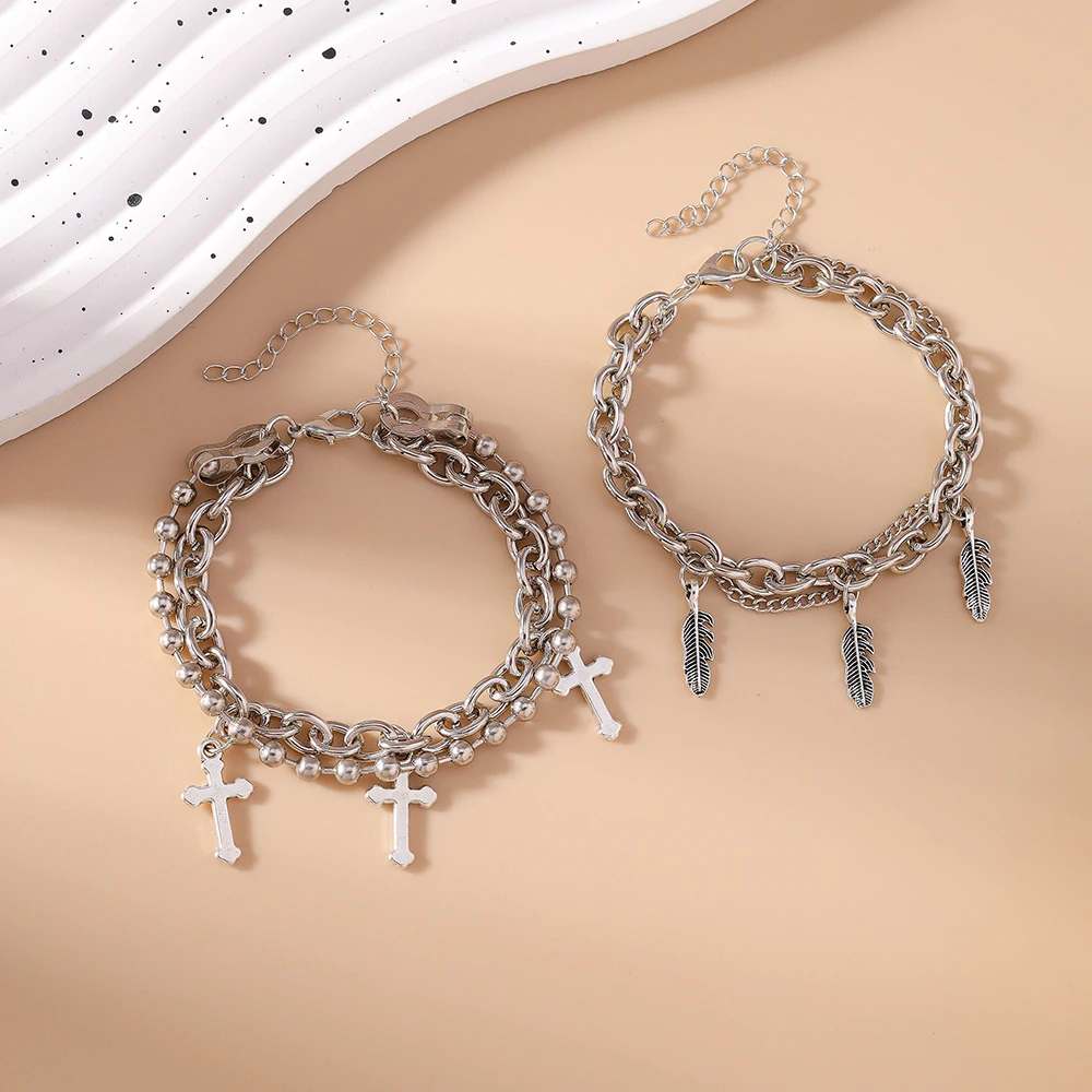 Aihua Gothic Hip Hop Metall Kreuz Charm Armband für Frauen Schichtung verknüpfte Perlen Kette Armbänder Kpop Schmuck Geschenke – Detail 7