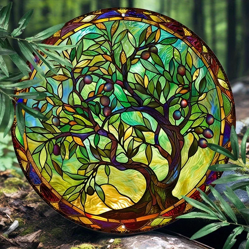 Letrero redondo de aluminio elegante de 20,32x20,32 cm: duradero y protegido por los rayos UV, arte divertido de ramas de olivo para decoración del hogar, jardín o restaurante