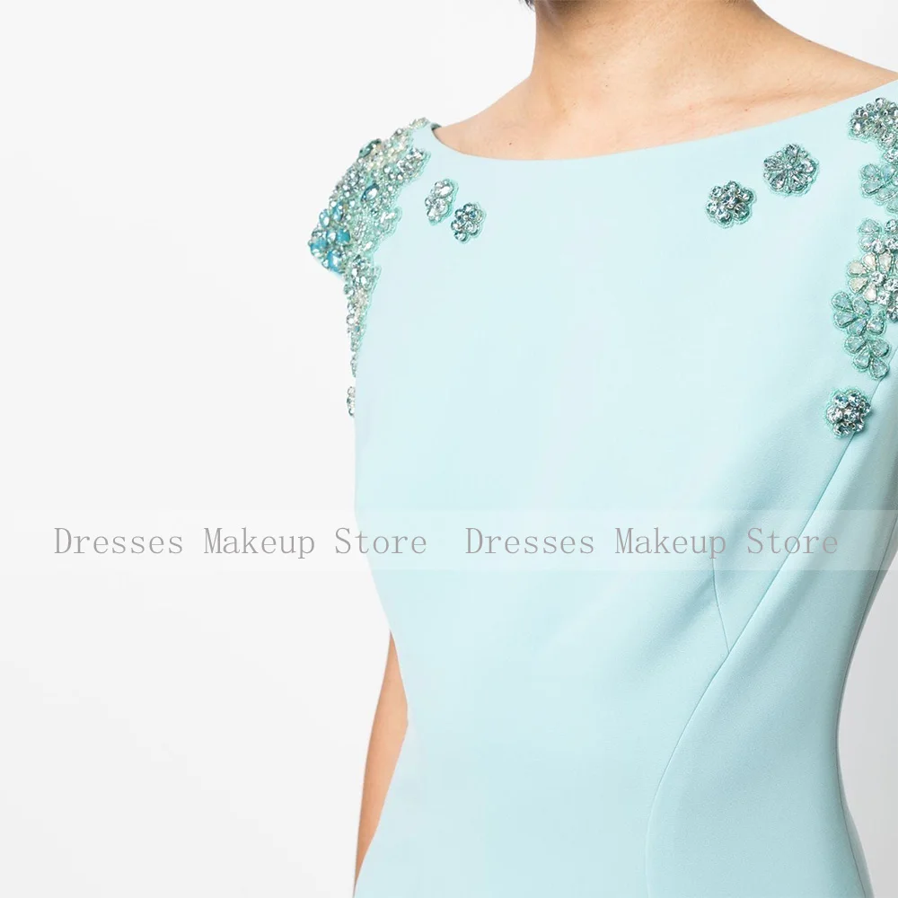 Short Evening Party Dresses Mint Crystal Scoop Cap Sleeves Luxury Cocktail Gowns for Women 2024 Tea Length Column Cocktail Dress