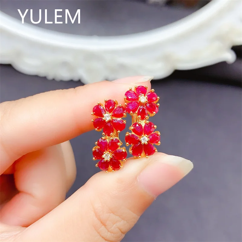 YULEM Natural Ruby Two Flower Leverback Earring Gold Plated Teardrop Ruby Gemstone Drop Earrings For Women Wedding Fine Jewelry