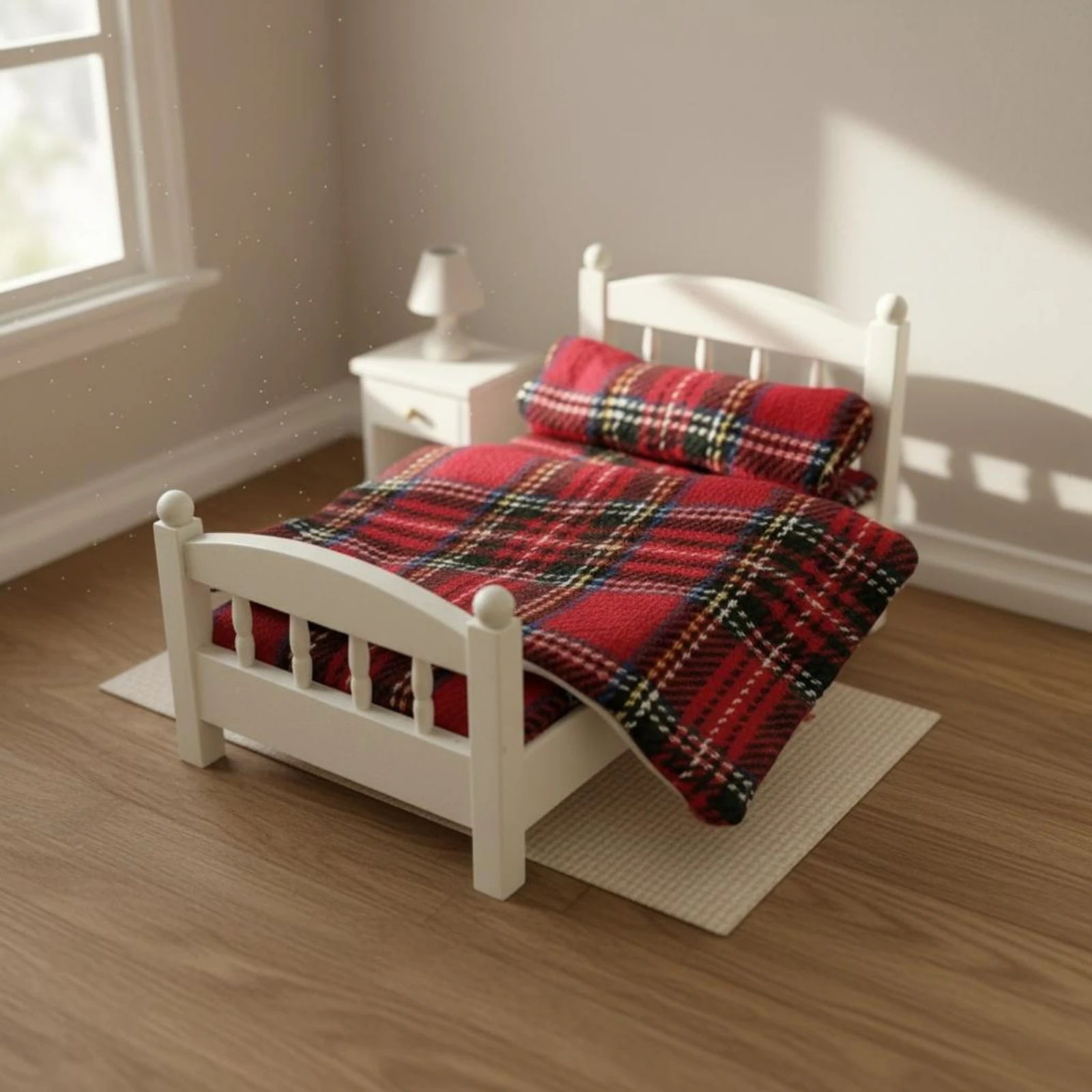 Miniature Baby Crib Red Plaid White Baby Crib Mini Cot Textile Bedding Dollhouse Accessory Flat Blanket-Design Cover view 2