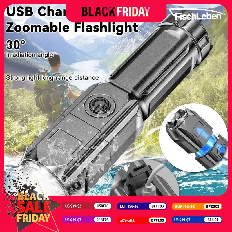 Torcia a LED portatile Torcia ricaricabile USB Torcia tattica esterna impermeabile 18650 Faro da caccia per pesca