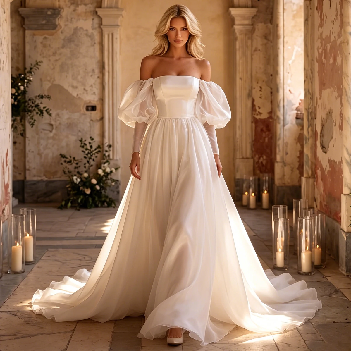 Classic Organza Wedding Dress For Women Puffy Sleeve Bridal Party Gown For Bride Strapless Ball Gown Long Vestidos Novia