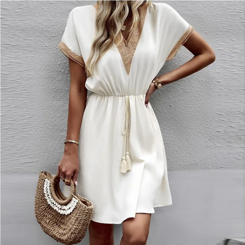 

Women Vintage Dresses Summer Fashion Solid V-Neck Knee-length Loose Lace Dress Casual Sweet Short Sleeve Dress Vestidos 27750